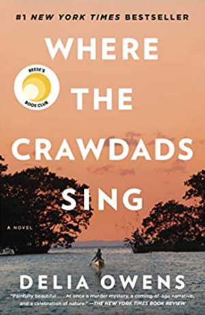 Book cover of Where the Crawdads Sing by Delia Owens. A woman is on a boat in a large river. There are trees on either side of her. The sky is orange and it takes up most of the book cover.