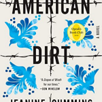 Book cover of American Dirt by Jeanine Cummins. The cover is a grid made of barb wire. Inside each square is an artistic blue bird in flight.